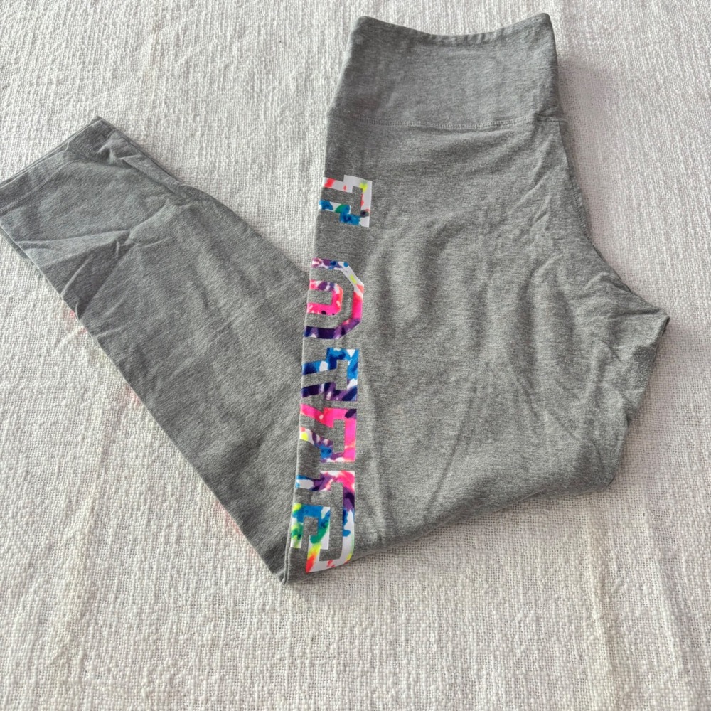 Victoria's Secret PINK Gray Tie Dye Logo Leggings XL High Waisted Love Graphic